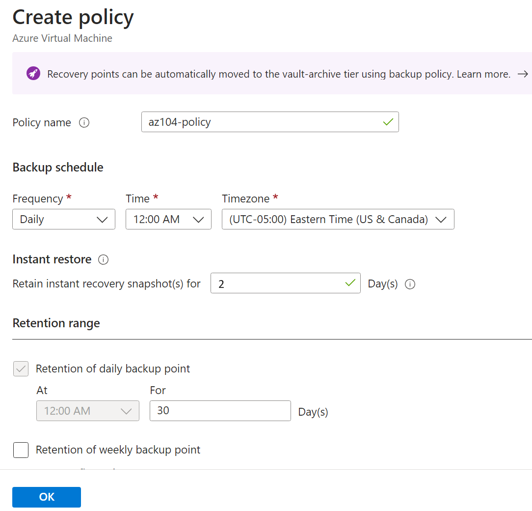 Azure Backup policy configuration in the Azure Administration Lab Platform project