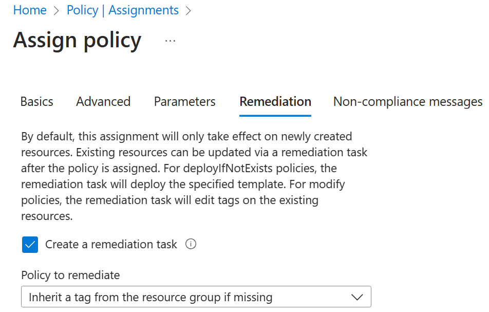 Azure Policy remediation setup used in the Azure Administration Lab Platform project