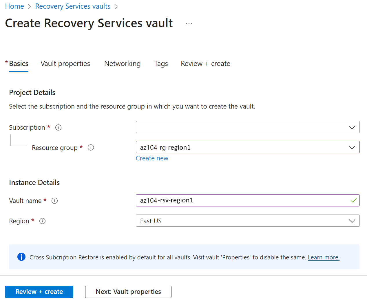 Recovery Services vault creation view used in the Azure Administration Lab Platform project