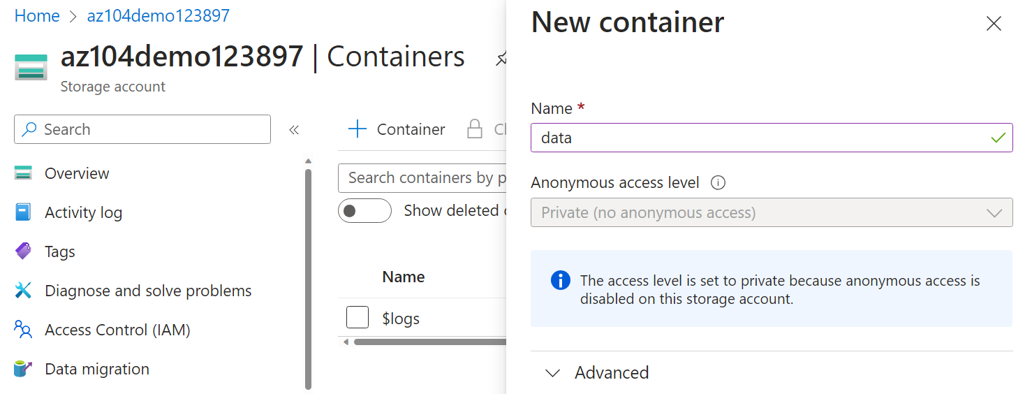 Azure Storage container creation view used in the Azure Administration Lab Platform project