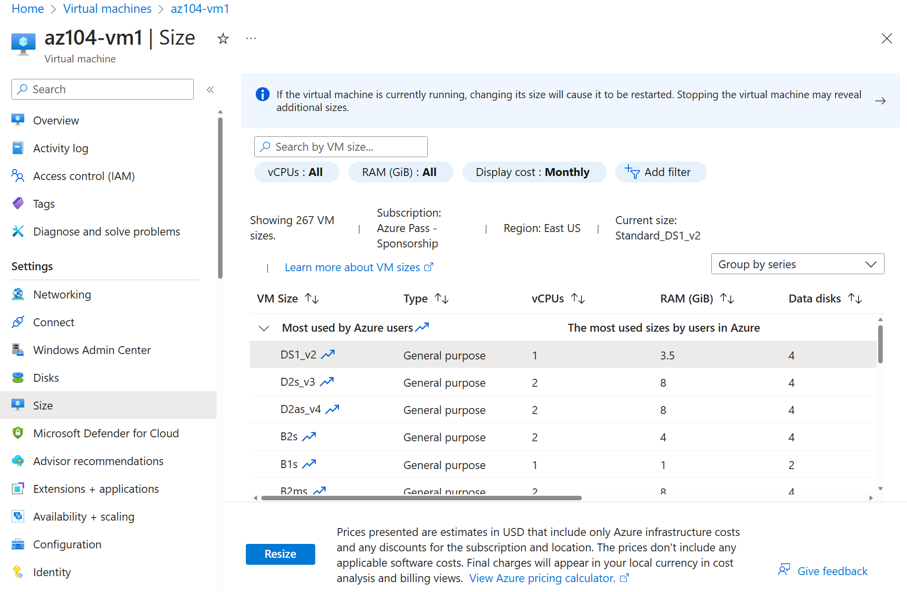 Azure virtual machine resize view used in the Azure Administration Lab Platform project