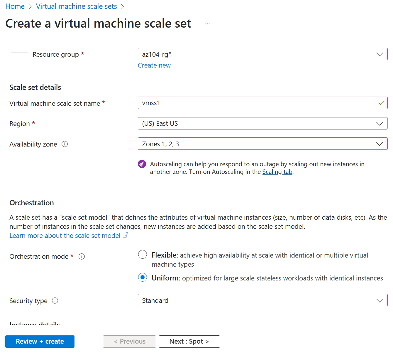 Azure virtual machine scale set creation view used in the Azure Administration Lab Platform project