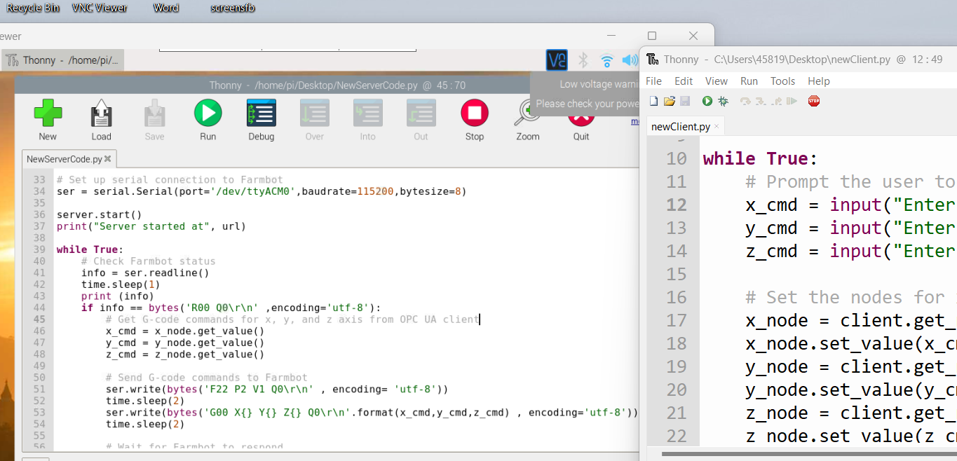 Live command session from the FarmBot OPC UA Control Integration project