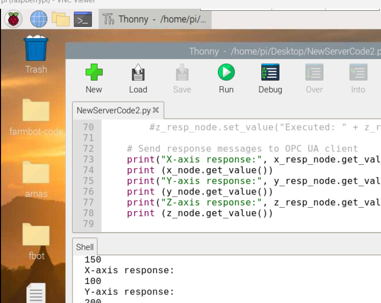 Server runtime output from the FarmBot OPC UA Control Integration project
