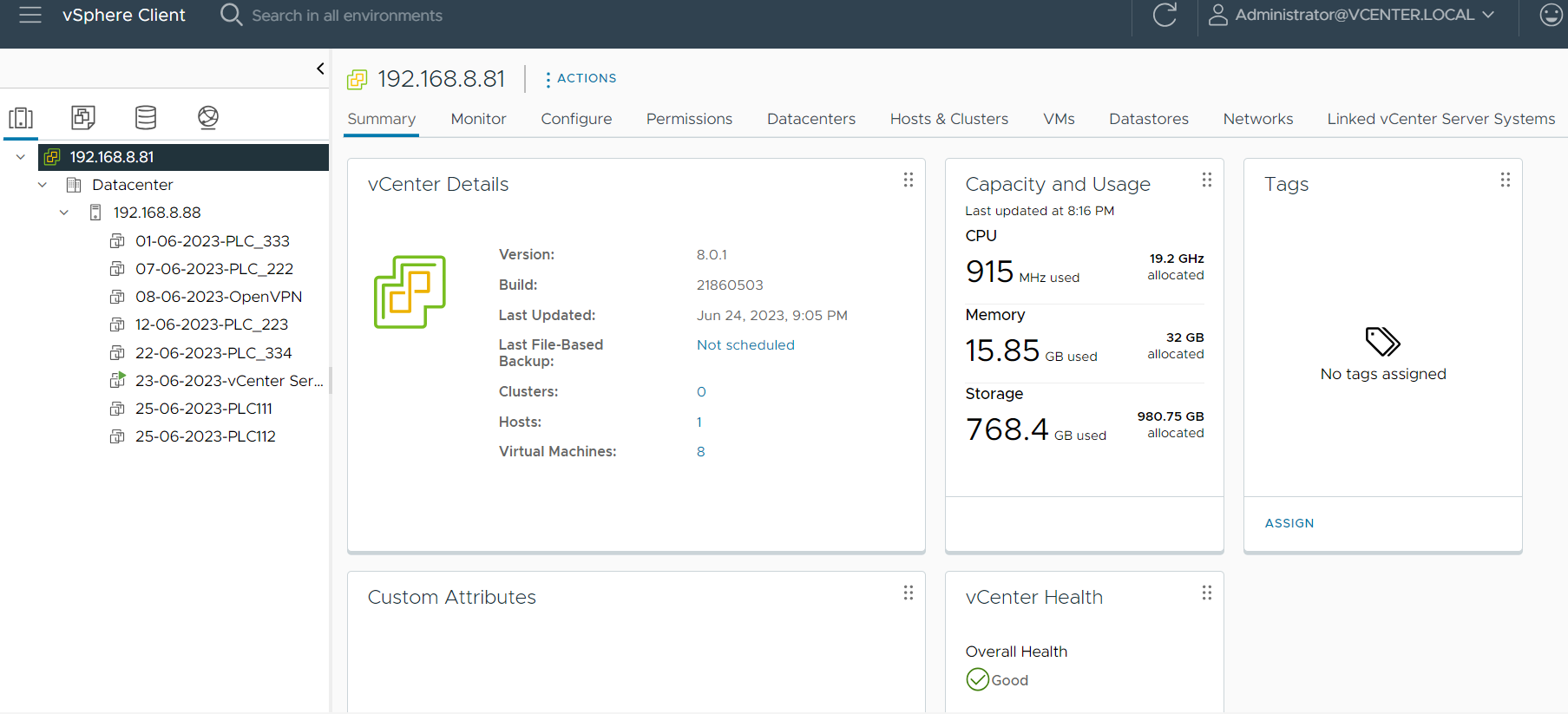 vCenter summary view from the Virtual Machine Infrastructure Project